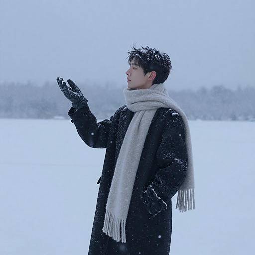 Photograph of an Asian man in a black coat and white scarf, standing in a snowy field, looking up, gloved hand raised. Snowfl