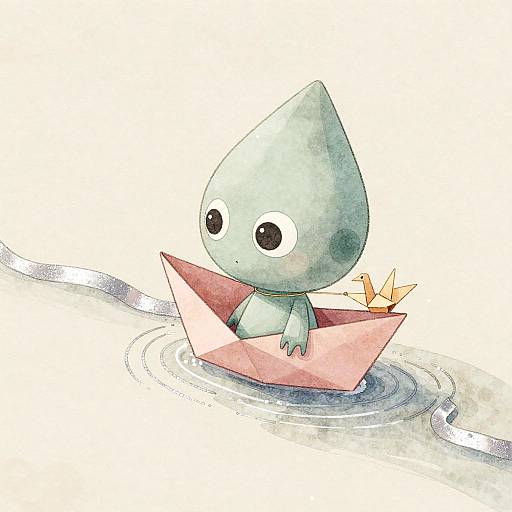 Whimsical Alien in Pastel Origami Boat