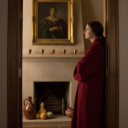 Photograph of a woman in a red robe standing in a doorway, gazing at a framed portrait of a woman above a fireplace, with candle holders