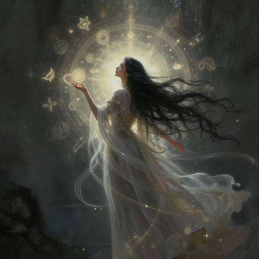 Clairvoyant with Flowing Hair and Magical Symbols