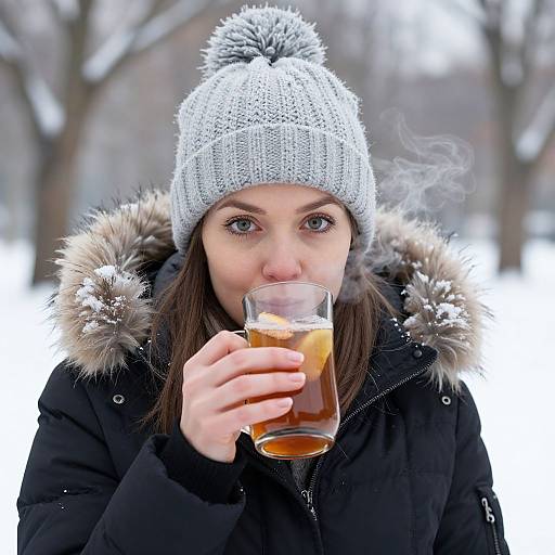 Photograph of a woman with light skin, brown eyes, and straight dark hair, wearing a gray knit beanie and black winter coat with fur hood