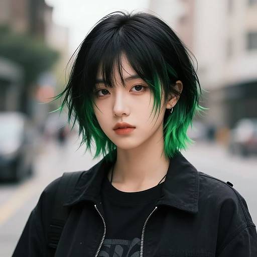 Photorealistic digital portrait of an Asian young woman with black and green hair, wearing a black shirt, standing in a blurred urban street.