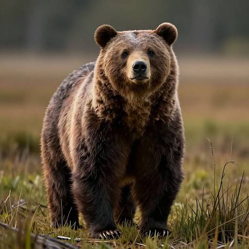 Photograph of a large, brown grizzly bear standing in a grassy field, facing the camera with a focused expression. Blurred forest background.
