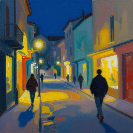 Vibrant, impressionistic painting of a nighttime European street; colorful, glowing shop lights cast yellow and blue hues, silhouetted pedestrians walk