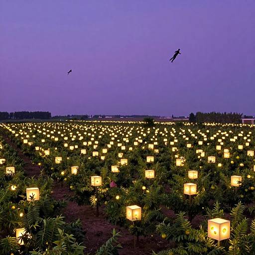 Photograph of a twilight field with rows of glowing yellow lanterns, surrounded by green foliage, and two birds flying in a purple sky.