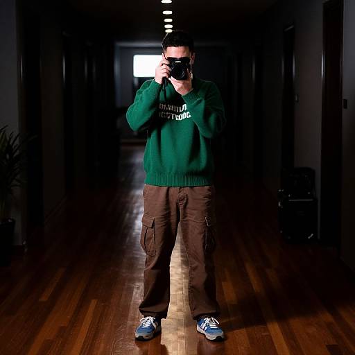 Man in Dark Hallway Holding Camera