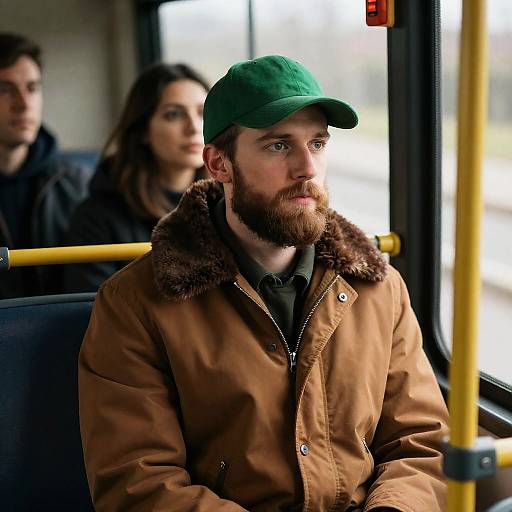 Focused Man on Bus with Passengers