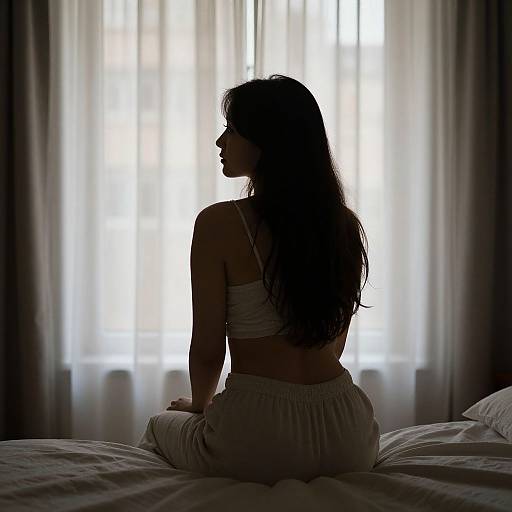 Silhouetted Woman Gazing Through Curtains
