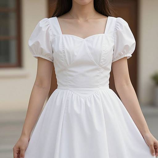 Photograph of a woman with long dark hair, wearing a white, short-sleeved, square-neck, A-line dress with puffed sleeves,