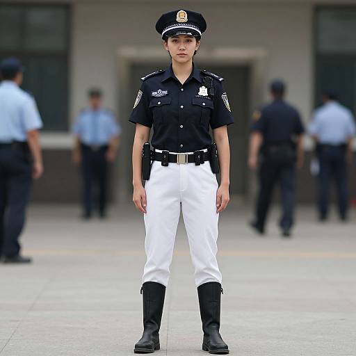 Photograph of a young Asian male police officer standing in front of a building, wearing a black shirt, white pants, black boots, and cap,