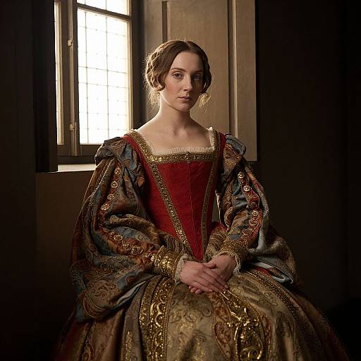Photograph of a young woman with fair skin and brown hair, wearing an ornate, Renaissance-style red and gold dress, sitting in a dimly