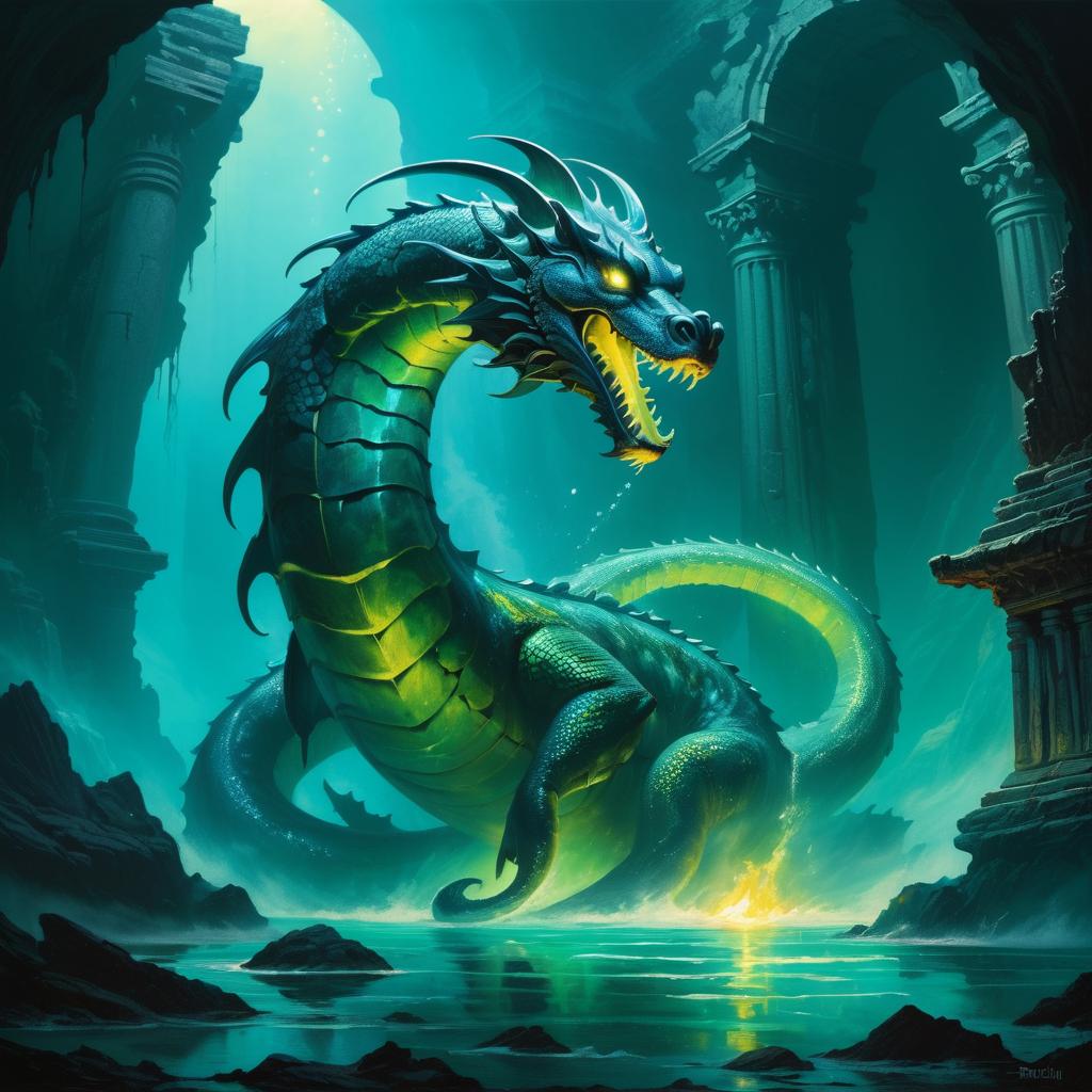 Mythical Sea Serpent and Ancient Ruins