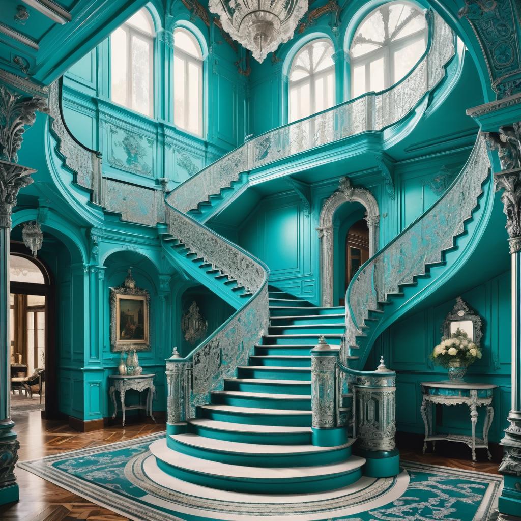 Ornate Cyan and Silver Staircase Design