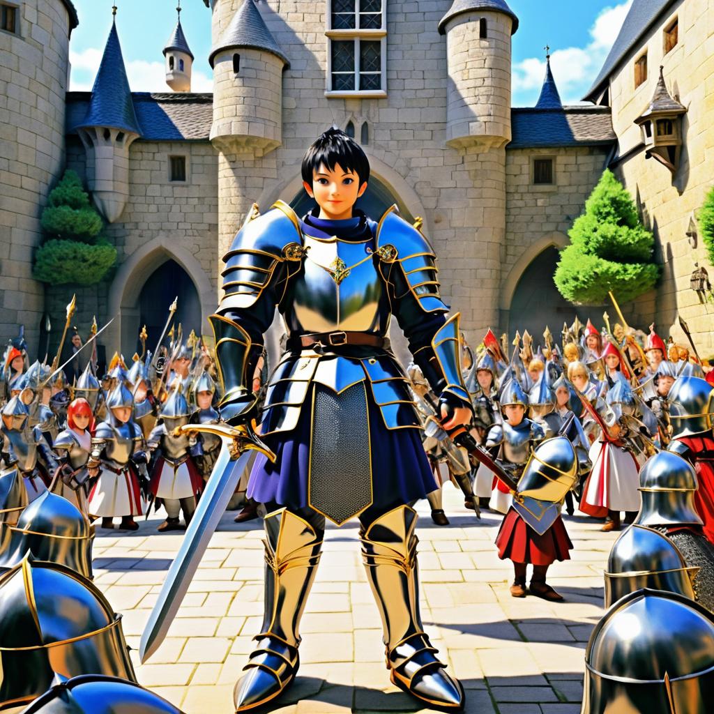 Anime Knight in Castle with Villagers