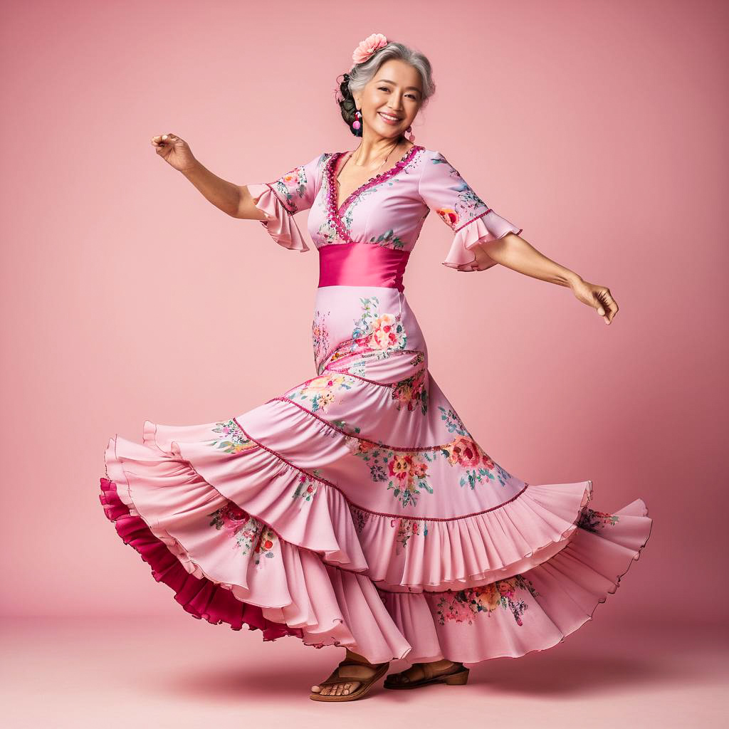 Smiling Grandmother in Colorful Flamenco Dress