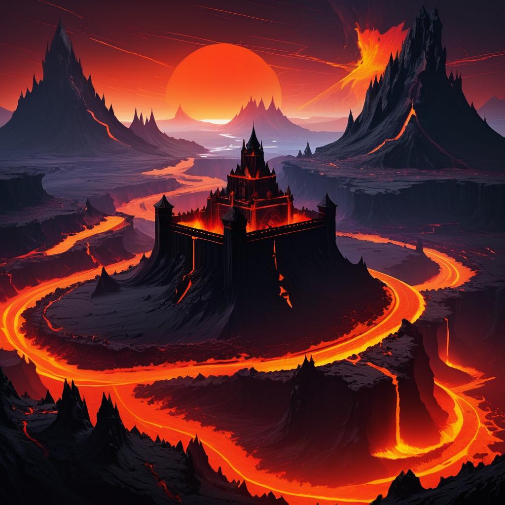 Aerial View of Fiery Volcanic Fortress