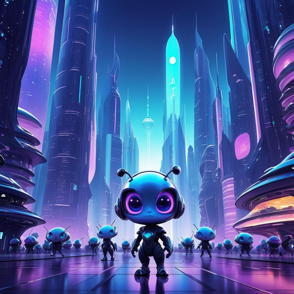 Cute Alien Character in Futuristic City