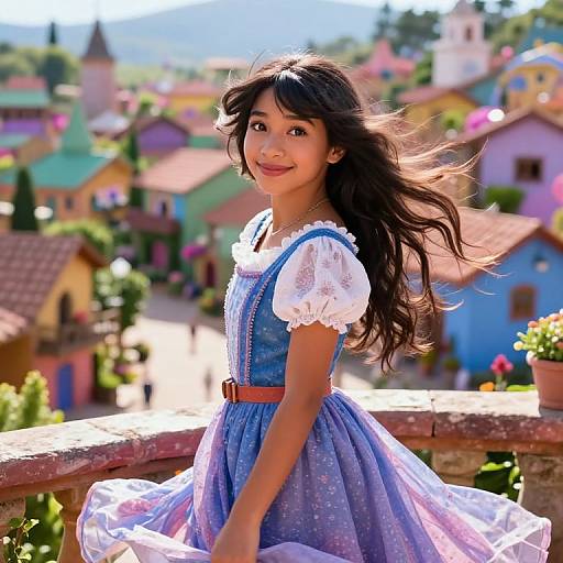 Photograph of a smiling young Asian girl with long black hair, wearing a blue dress with white puffed sleeves, standing on a sunlit balcony overlooking