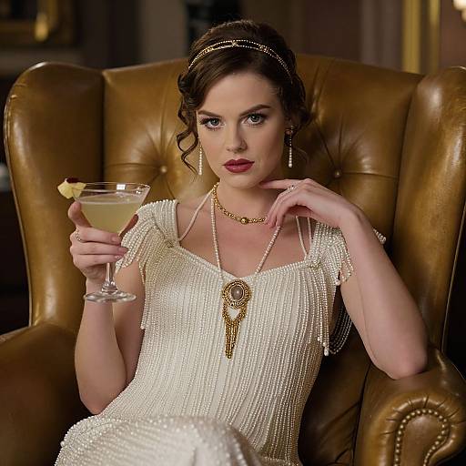 Photograph of a fair-skinned woman with dark hair, wearing a sparkling white dress, gold necklace, and headband, holding a martini with