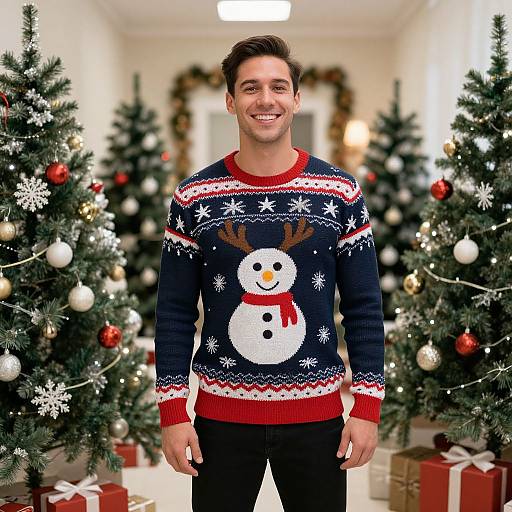 Photograph of a smiling man in a Christmas sweater with a snowman and reindeer, standing between decorated Christmas trees.