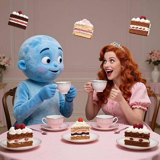 Photograph of a blue, furry, cartoonish character and a red-haired woman in a pink dress, laughing over floating cakes at a tea table with