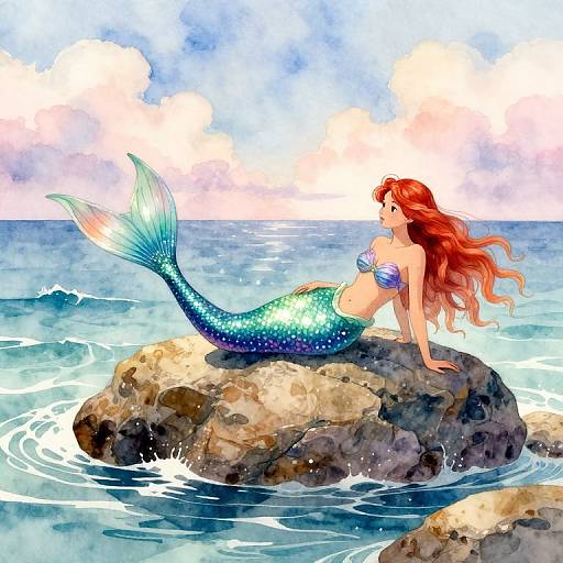 Digital illustration of a red-haired mermaid with a blue, glittery tail, sitting on a rock in the ocean, gazing at a cloudy sky