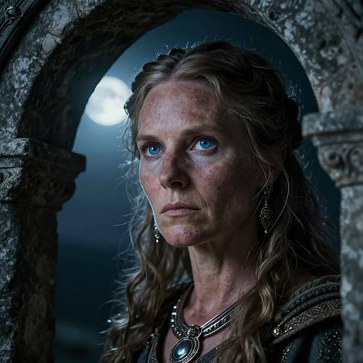 Photograph of a serious, blue-eyed, blonde-haired woman with a bruised face, wearing medieval-style jewelry, framed by a stone archway at