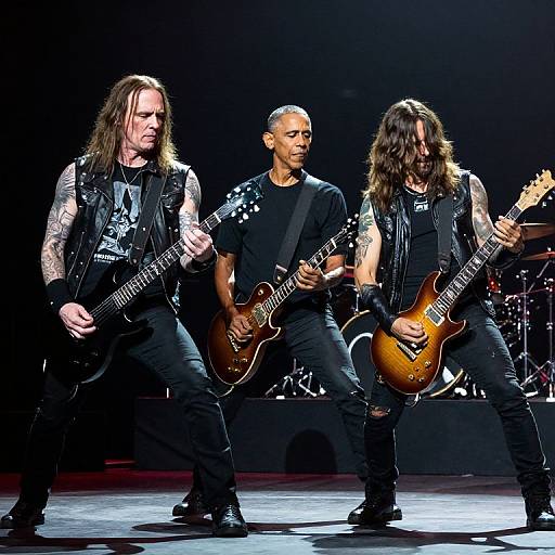 Photograph of three male rock musicians with long hair, playing electric guitars on stage, wearing black leather vests, black t-shirts, and pants, under