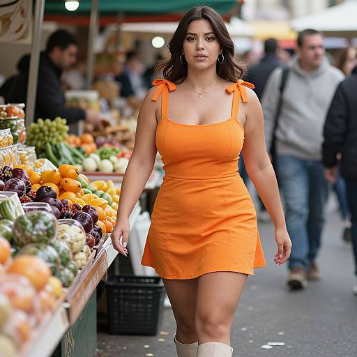 Photograph of a curvy woman with olive skin, dark wavy hair, wearing an orange sleeveless dress and white boots, walking through a bustling