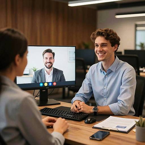 Photograph of a smiling young man with curly brown hair, wearing a light blue shirt, sitting at a desk with a computer displaying another smiling man's
