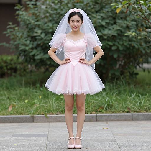 Photograph of an Asian woman in a white wedding dress and veil, standing outdoors on a paved path with greenery background.