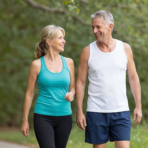 Photograph of a smiling middle-aged couple, man in white tank top and blue shorts, woman in turquoise tank top and black pants, walking outdoors on