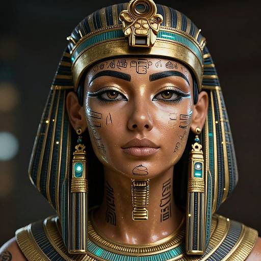 Photorealistic digital portrait of an ancient Egyptian woman with dark skin, gold and turquoise headdress, detailed hieroglyphs on face, glowing blue