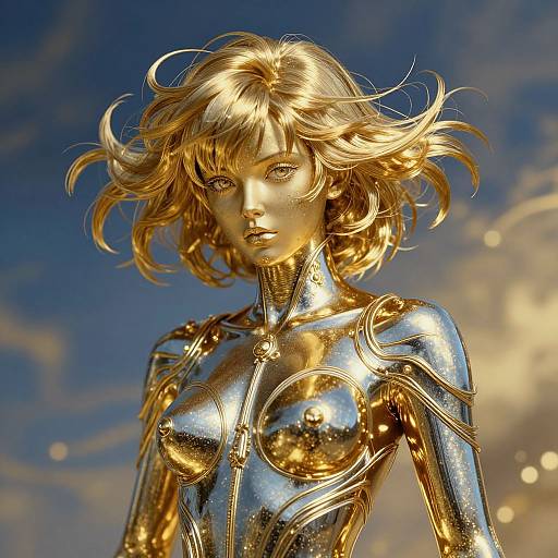 Photorealistic digital artwork of a golden, metallic woman with wavy blonde hair, reflective armor, and intense gaze against a blue sky with clouds.