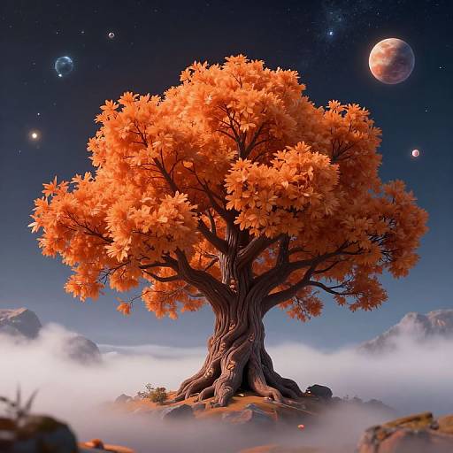 Surreal Orange Tree in Mystical Landscape