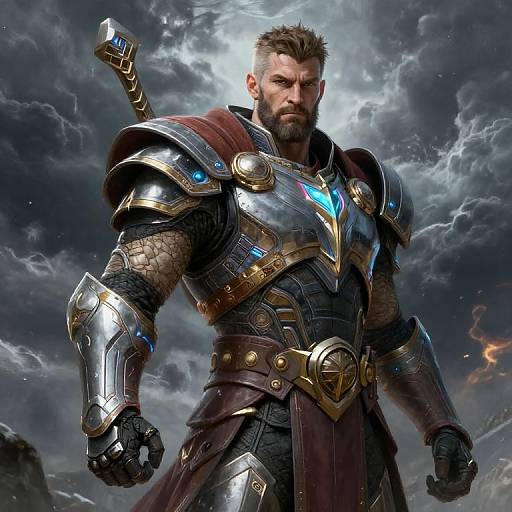 Digital artwork of a muscular, bearded warrior with dark hair, wearing detailed, glowing blue and gold armor, standing in a stormy sky.