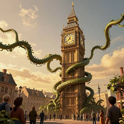 Surreal Ancient Clock Tower Vines