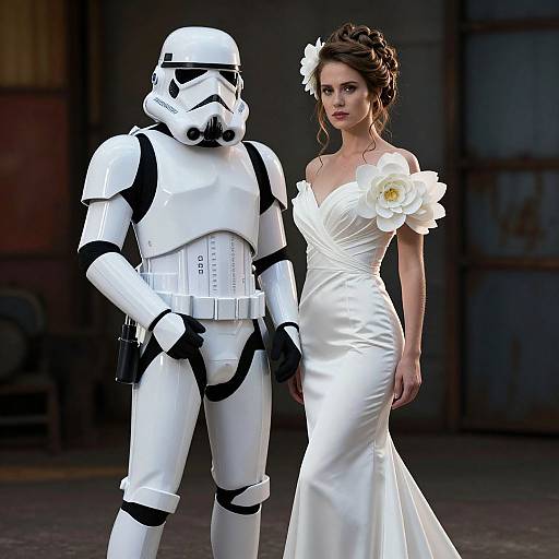 Photograph of a woman in a white, off-shoulder, floral dress standing beside a Stormtrooper in a dimly lit industrial setting.