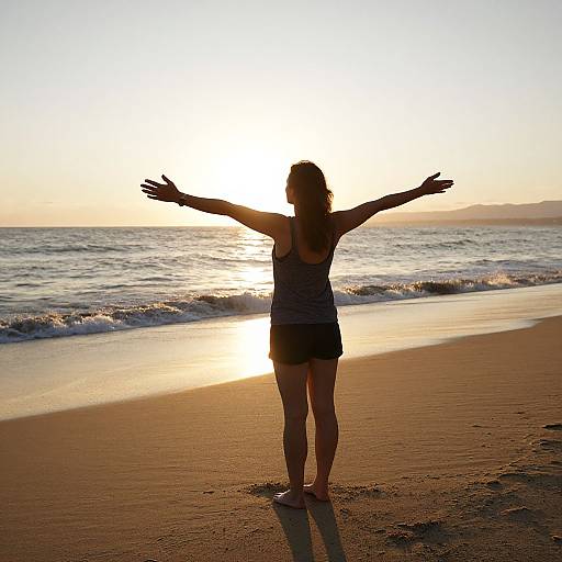 Photograph of a silhouetted woman with outstretched arms, standing on a sandy beach at sunset, facing the ocean.