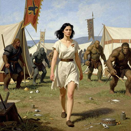 Digital painting of a brave woman in a white dress walking through a camp with muscular, angry, armed orcs in the background.