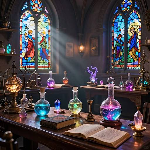 Photograph of a dimly lit, medieval-style alchemy lab with colorful stained glass windows, glowing potions, crystals, and an open book on a