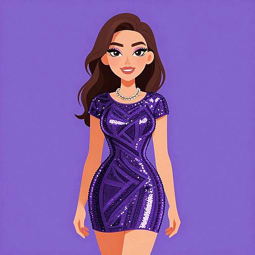 Digital illustration of a smiling woman with long brown hair, wearing a shiny purple sequin dress and pearl necklace, set against a solid purple background.