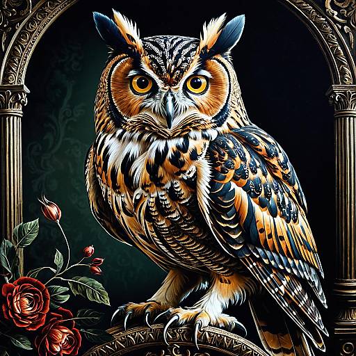 Surreal Noble Owl with Roses and Classical Arch