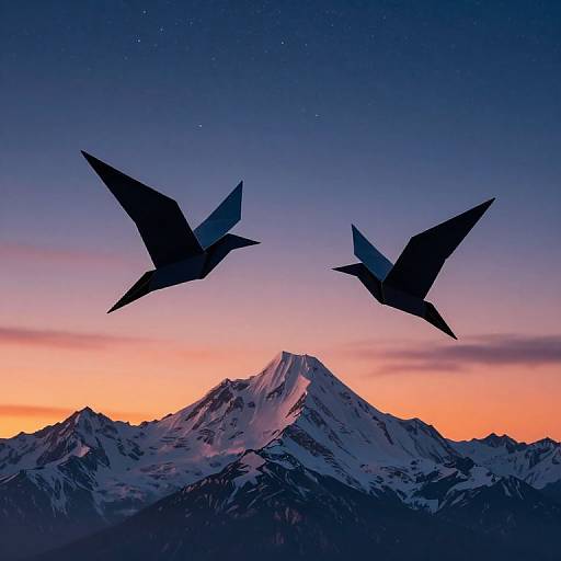 Origami Birds Over Twilight Mountains