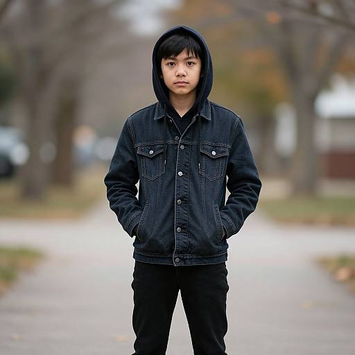 Photograph of an Asian teenage boy with straight black hair, wearing a black denim hooded jacket and black pants, standing on a blurred suburban street with