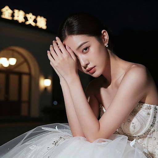 Photograph of an elegant East Asian woman with fair skin, black hair in a bun, wearing a strapless white wedding dress, hands covering her face