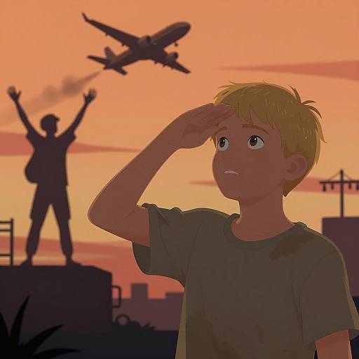 Young Boy Under Orange Sky with Airplane