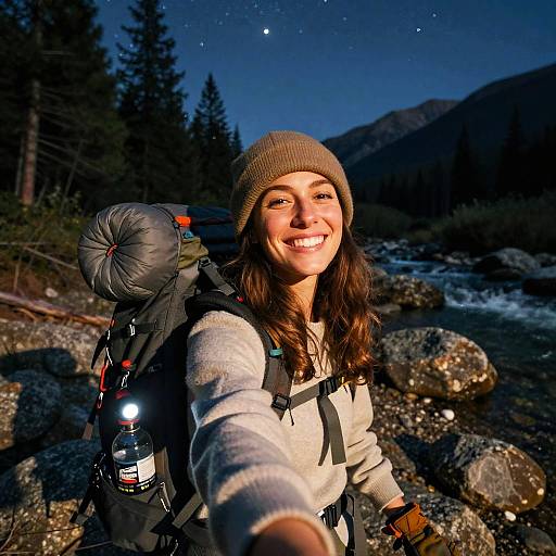 Cheerful Nighttime Camping Selfie