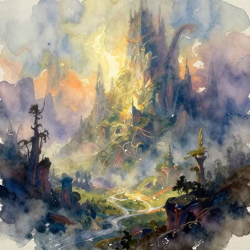Digital fantasy painting of a glowing, misty castle landscape with winding paths, glowing light, and dark, mystical trees in the foreground.