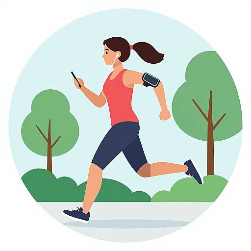 Illustration of a fit woman with brown hair in a ponytail, wearing a pink tank top, black shorts, and blue sneakers, jogging outdoors with